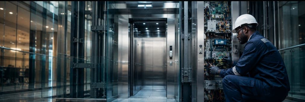 Technicien Ascenseur.ci intervenant sur une armoire de commande