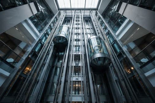 Vue plongeante dans une cage d'ascenseurs vitrée